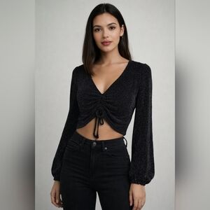 Bar III Black Shimmer Ruched Drawstring Crop Top – Long Sleeve – Medium